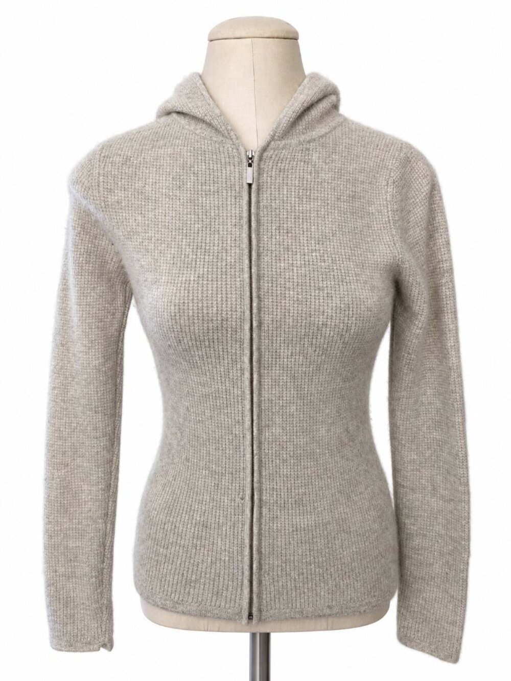 Malika 100% Cashmere Waffle Knit Zip Up Hoodie Sweater Oatmeal Gray Small